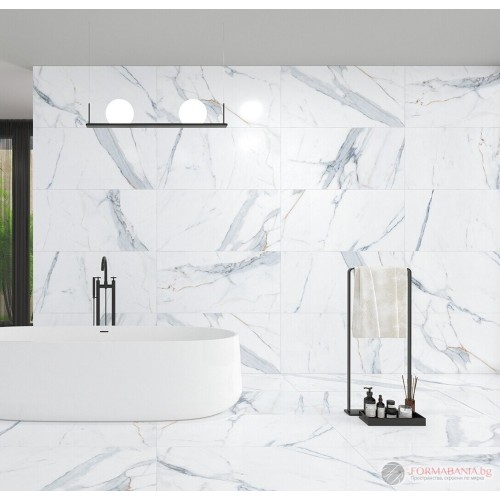 Anka Seramik AZUL Bathroom wall and floor tile collection, marble effect, white with blue motifs
