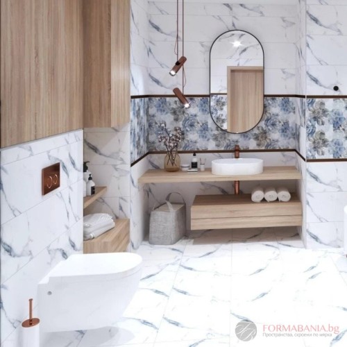 Anka Seramik AZUL Bathroom wall and floor tile collection, marble effect, white with blue motifs