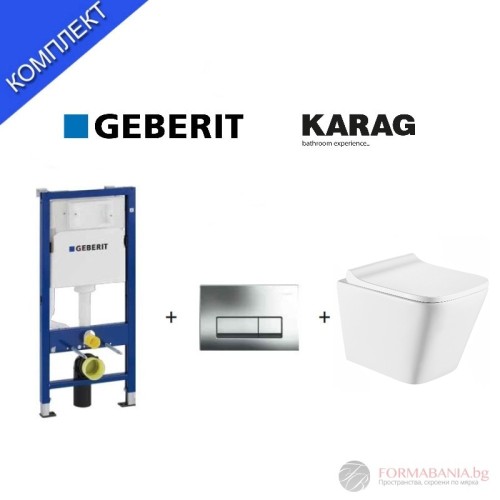 Комплект структура за вграждане Geberit Duofix с окачена тоалетна Karag, 49×34 см, Slim Soft-Close седалка и хромиран бутон Delta 51