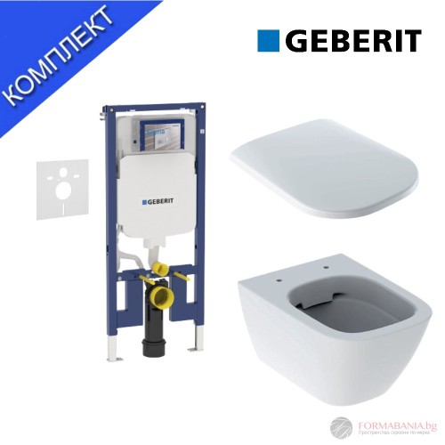 Geberit Duofix Sigma 8 concealed cistern frame set with Smyle Rimfree wall-hung WC, 114×50×8 cm, WC 35×49×33 cm, Slim Soft-Close seat, with cistern, white gloss