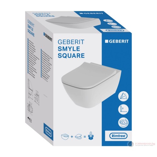 Geberit Duofix concealed cistern frame set with Smyle Square wall-hung WC, 35×54×33 cm, Slim Soft-Close seat, cistern and Delta20 flush plate, white gloss