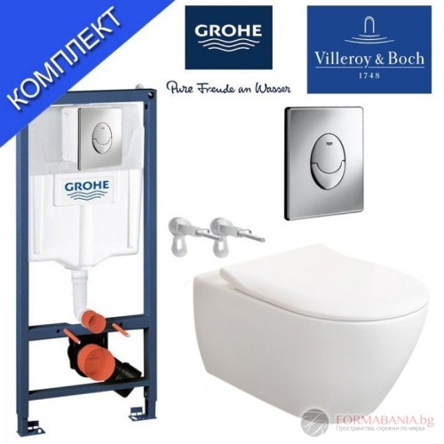 Комплект структура за вграждане Grohe Rapid SL, окачена тоалетна Villeroy & Boch Venticello, 37.5×56 см, Soft-Close седалка, казанче и квадратен бутон, хром гланц