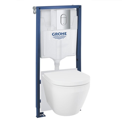 Комплект структура за вграждане Grohe Rapid SL, окачена тоалетна Euro Ceramic, 36.5×54.4 см, Soft-Close седалка, казанче и бутон, хром гланц