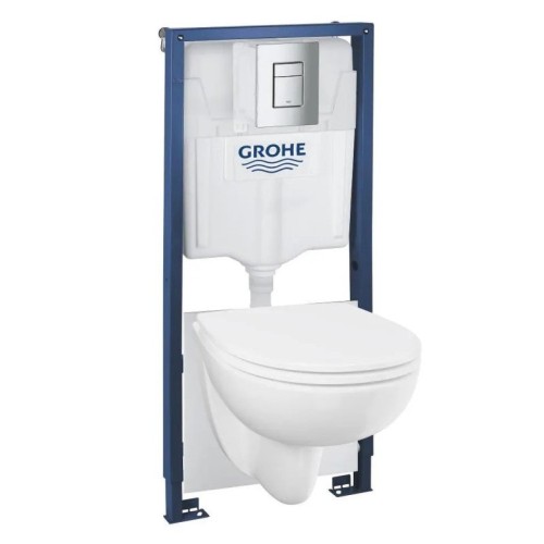 Комплект структура за вграждане Grohe Rapid SL, окачена тоалетна Bau Ceramic, 35.4×53.5 см, Soft-Close седалка, казанче и бутон, хром гланц
