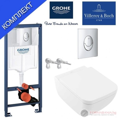 Комплект структура за вграждане Grohe Rapid SL, окачена тоалетна Villeroy & Boch Venticello, 37.5×56 см, Soft-Close седалка, казанче и бутон, хром гланц