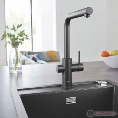 Система за пречистване и газиране на вода Grohe Blue Home, с кухненски смесител с L-чучур и издърпване, черен мат