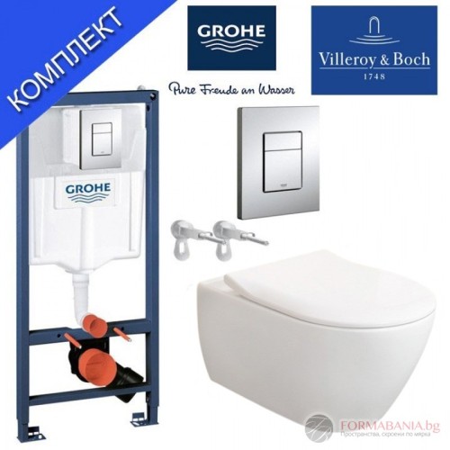 Комплект структура за вграждане Grohe Rapid SL, окачена тоалетна Villeroy & Boch Subway 2.0, 37×56 см, Slim Soft-Close седалка, казанче и правоъгълен бутон, хром гланц