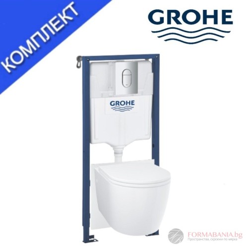 Комплект структура за вграждане Grohe Solido, окачена тоалетна Bau Ceramic, 37×52 см, Soft-Close седалка, казанче и бутон, хром гланц