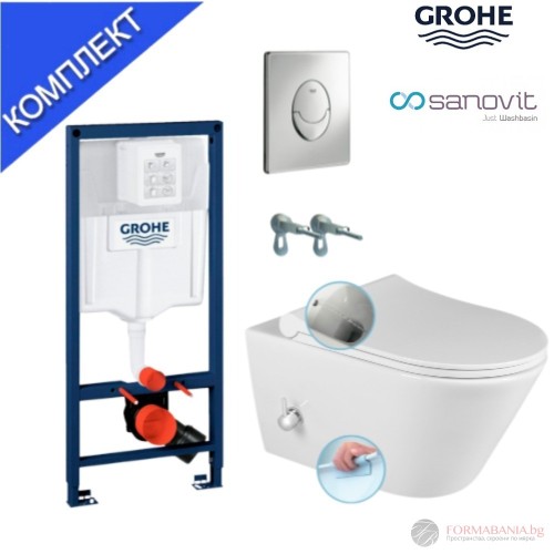 Комплект структура за вграждане Grohe Rapid SL, окачена тоалетна с биде Sanovit Avva 5, 53×35.5 см, Slim Soft-Close седалка, казанче и овален бутон, хром гланц