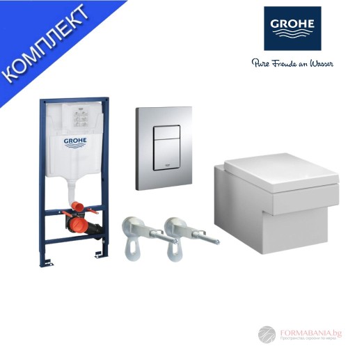 Комплект структура за вграждане Grohe, окачена тоалетна Cube Ceramic, 39×60×43 см, Soft-Close седалка, казанче и бутон, хром гланц