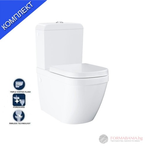 Пълен комплект моноблок Grohe Euro Ceramic хоризонтално оттичане, 67×37×77.1 см, бял гланц с долно водоподаване