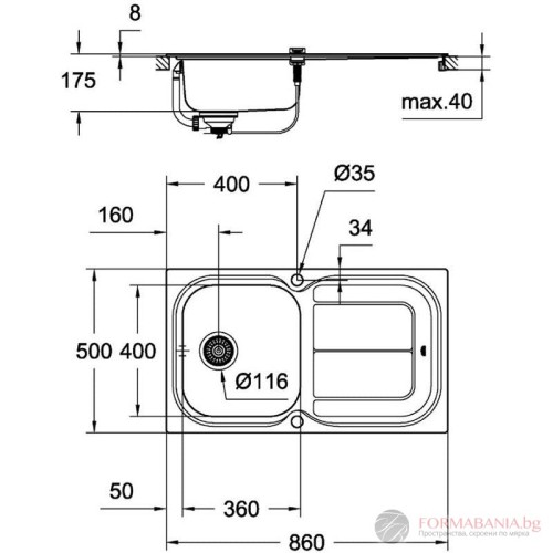 Кухненска мивка Grohe K300, инокс, за монтаж върху плот
