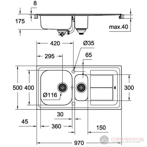 Кухненска мивка Grohe K300, инокс, за монтаж върху плот, с две корита