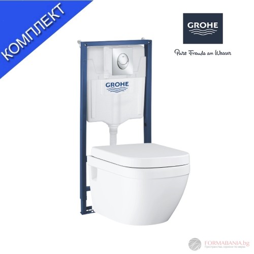 Комплект структура за вграждане Grohe, окачена тоалетна Euro Ceramic, 37.5×54 см, Soft-Close седалка, казанче и овален бутон, хром гланц