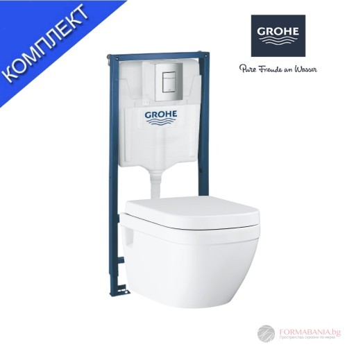 Комплект структура за вграждане Grohe, окачена тоалетна Euro Ceramic, 37.5×54 см, Soft-Close седалка, казанче и правоъгълен бутон, хром гланц