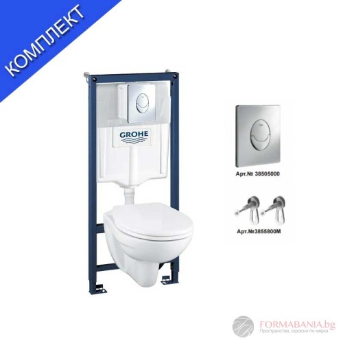 Комплект структура за вграждане Grohe Solido Perfect, окачена тоалетна, 35.4×49 см, Soft-Close седалка, казанче и бутон, хром гланц