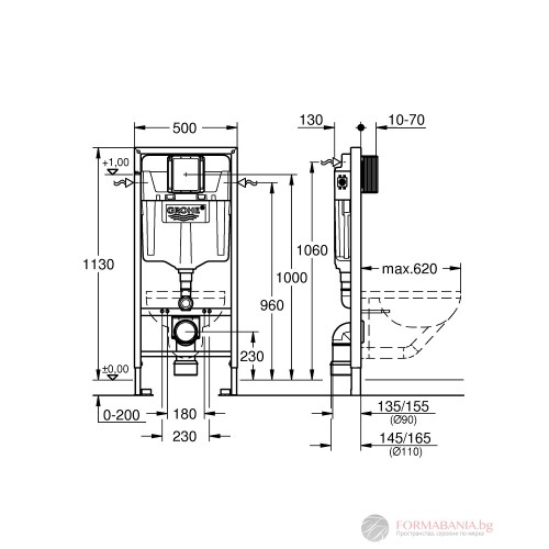Структура за вграждане Grohe Rapid SL, за окачена тоалетна, 113×50 см