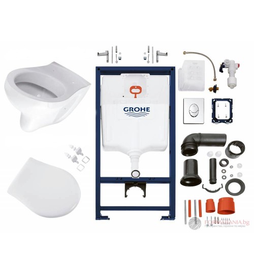 Комплект структура за вграждане Grohe Solido Perfect, окачена тоалетна, 35.4×49 см, Soft-Close седалка, казанче и бутон, хром гланц