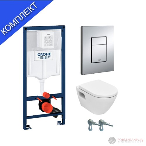 Комплект структура за вграждане Grohe Solido Perfect, 4 в 1, с окачена тоалетна 35,5×52 см, бял гланц/хромиран бутон