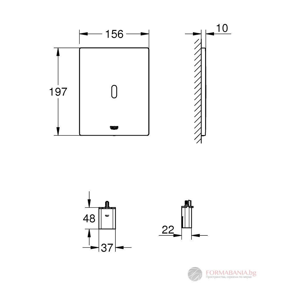 Инфрачервен активатор за вградено казанче Grohe Tectron Bau E, 15,6×19,7 см, с батерия, черен мат