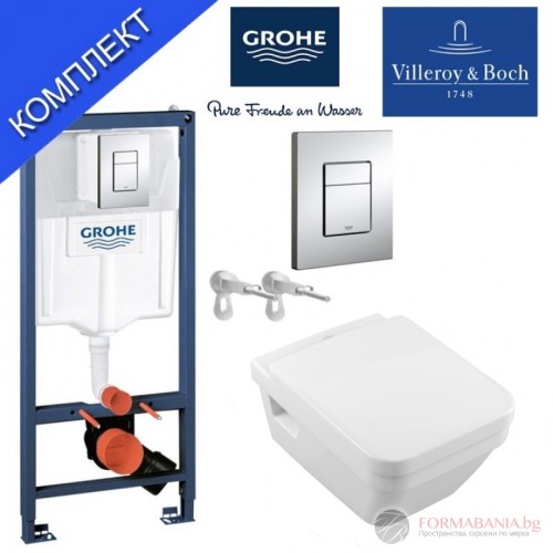 Комплект структура за вграждане Grohe Rapid SL, окачена тоалетна Villeroy & Boch Architectura, 37×53×31.6 см, Soft-Close седалка, казанче и бутон, хром гланц