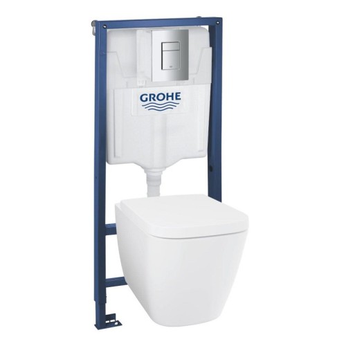 Комплект структура за вграждане Grohe Rapid SL, окачена тоалетна BauEdge Ceramic, 35.4×53.5 см, Soft-Close седалка, казанче и бутон, хром гланц