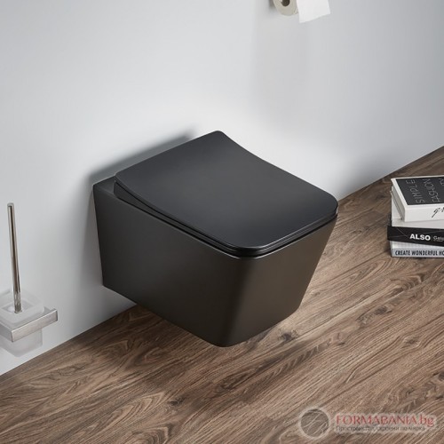 Окачена тоалетна Inter Ceramic Rimless, със седалка с плавно затваряне, 52×36×34 см, черен мат