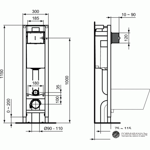 Структура за вграждане Ideal Standard ProSys Eco M, за окачена тоалетна, 115×50×12–18 см