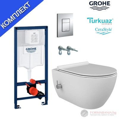 Комплект структура за вграждане Grohe Rapid SL, окачена тоалетна с биде Turkuaz City, 52.5×37×29 см, Slim Soft-Close седалка, казанче и правоъгълен бутон, хром гланц