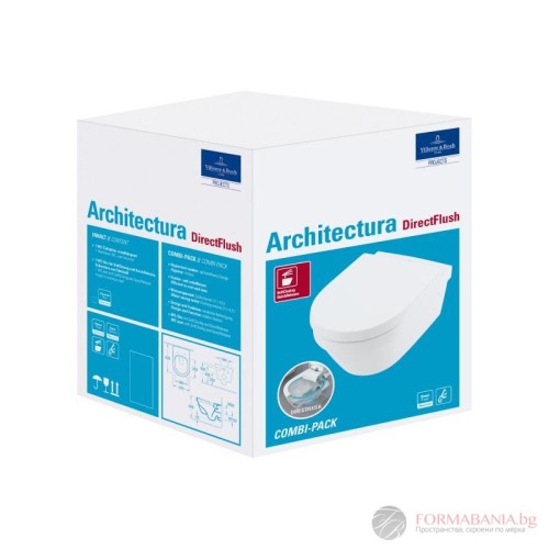 Комплект окачена тоалетна Villeroy & Boch Architectura New DirectFlush, със седалка с плавно затваряне, 37x53 см, бял гланц