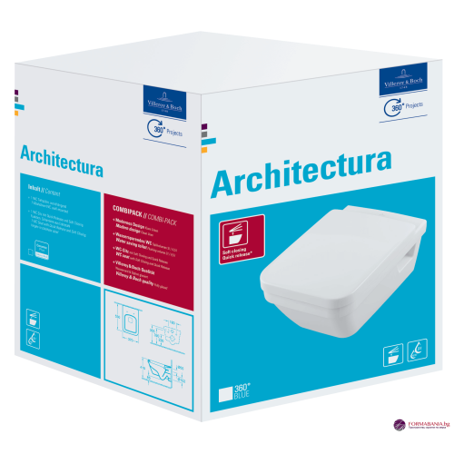 Комплект окачена тоалетна Villeroy & Boch Architectura DirectFlush, със седалка и капак, 37x53 см, бял гланц