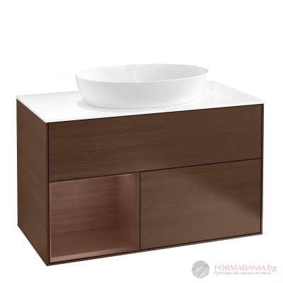Шкаф за баня Villeroy & Boch Finion, с плот и LED осветление, 100×50×60 см, орехов фурнир