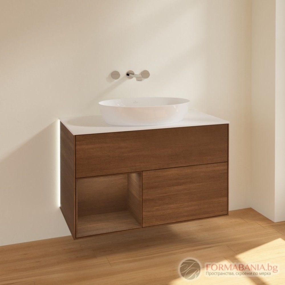 Шкаф за баня Villeroy & Boch Finion, с плот и LED осветление, 100×50×60 см, орехов фурнир