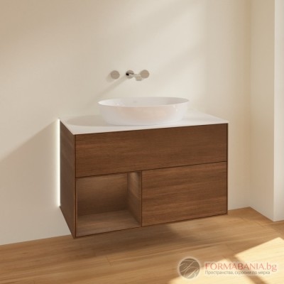 Шкаф за баня Villeroy & Boch Finion, с плот и LED осветление, 100×50×60 см, орехов фурнир