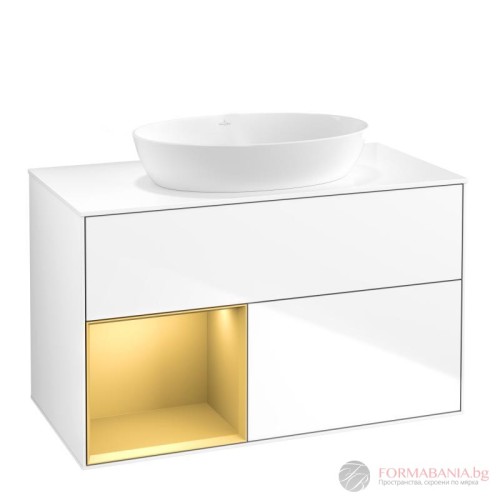 Шкаф за баня Villeroy & Boch Finion, с плот и LED осветление, 100×50×60 см, бял гланц/злато