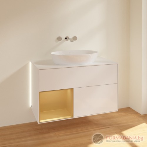 Шкаф за баня Villeroy & Boch Finion, с плот и LED осветление, 100×50×60 см, бял гланц/злато