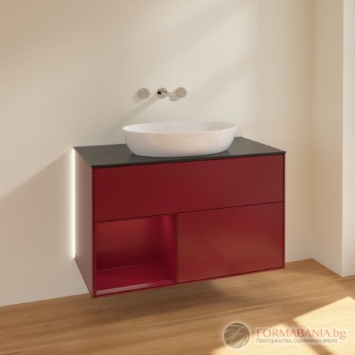 Шкаф за баня Villeroy & Boch Finion, с плот и LED осветление, 100×50×60 см, червен/черен