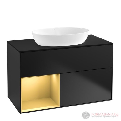 Шкаф за баня Villeroy & Boch Finion, с плот и LED осветление, 100×50×60 см, черен мат/злато