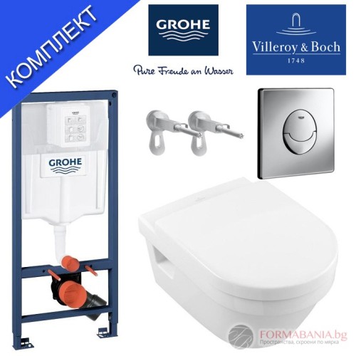 Комплект структура за вграждане Grohe Rapid SL, окачена тоалетна Villeroy & Boch Architectura, 37×53 см, Soft-Close седалка, казанче и бутон, хром гланц