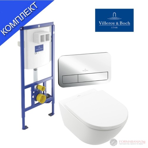 Комплект структура за вграждане Villeroy & Boch ViConnect, окачена тоалетна Subway 3.0, 37×56×36 см, Soft-Close седалка, казанче и бутон, хром гланц
