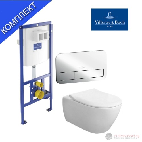 Комплект структура за вграждане Villeroy & Boch ViConnect, окачена тоалетна Subway 2.0, 37×56 см, Soft-Close седалка, казанче и бутон, хром гланц