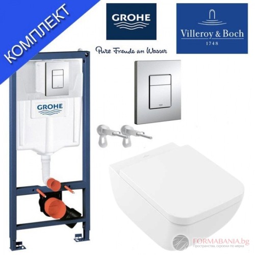 Комплект структура за вграждане Grohe Rapid SL, окачена тоалетна Villeroy & Boch Venticello, 37.5×56 см, Slim Soft-Close седалка, казанче и правоъгълен бутон, хром гланц